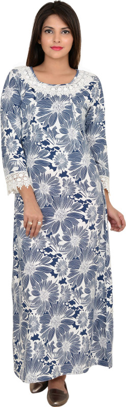 9teen Again Women Nighty(White, Blue)