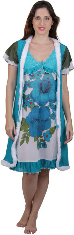 Vixenwrap Women Nighty with Robe(White, Blue)