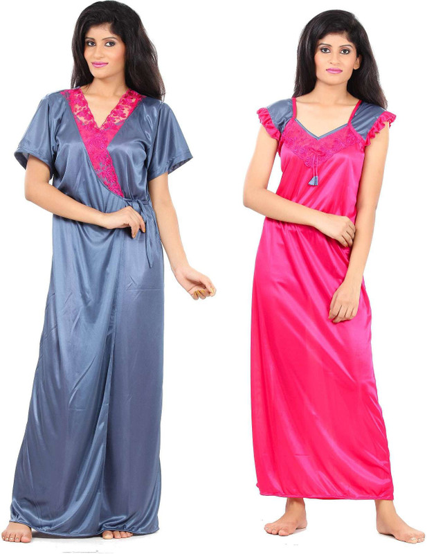 Fashigo Women Nighty with Robe(Pink, Grey)