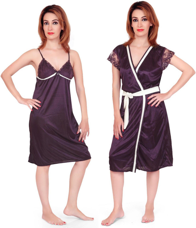 Fabme Women Nighty with Robe(Blue)