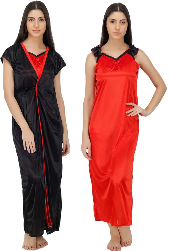 Fabme Women Nighty with Robe(Black)