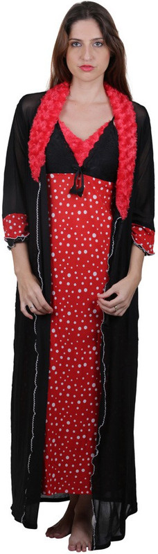 Vixenwrap Women Nighty with Robe(Red, Black)
