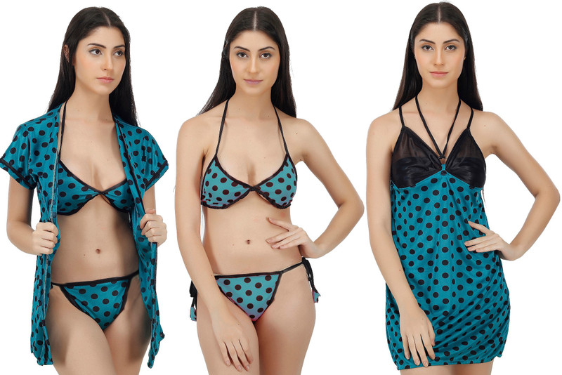 Fabme Women Nighty with Robe(Blue, Black)