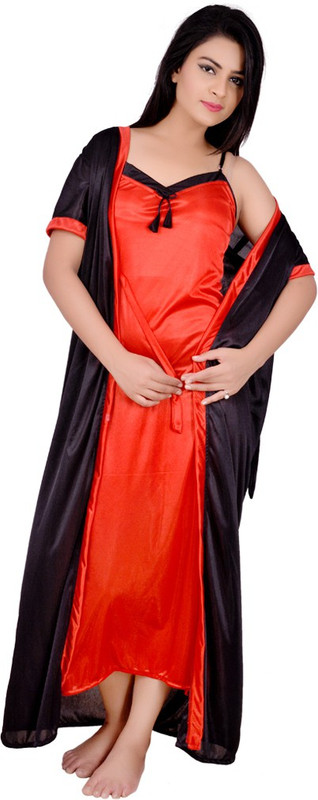 Kanika Women's Nighty with Robe(Orange, Black)