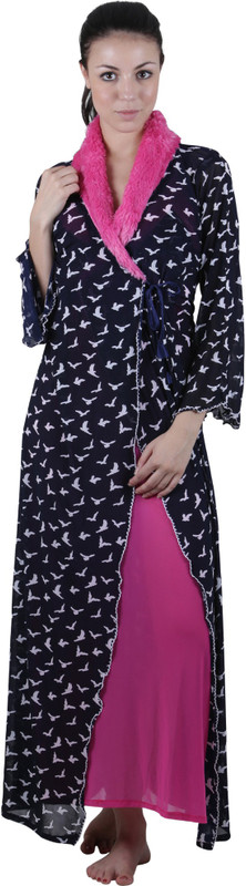 Vixenwrap Women Nighty with Robe(Black, Pink)