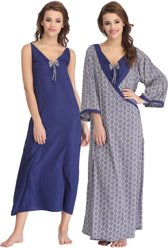 Clovia Women's Nighty with Robe(Blue)