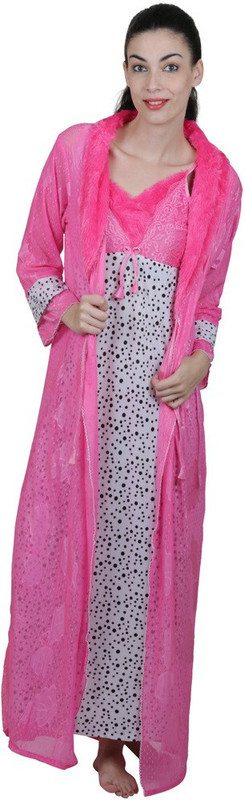 Vixenwrap Women Nighty with Robe(White, Pink)