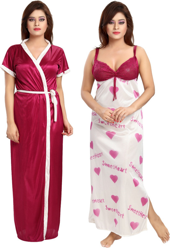 Shopping World Women Nighty with Robe(White, Pink)