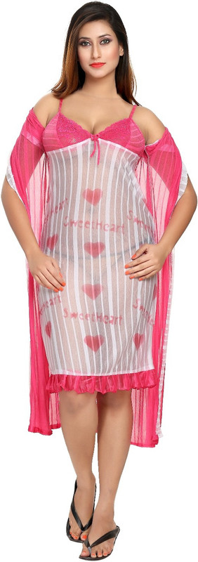 Fashigo Women Nighty with Robe(White, Pink)