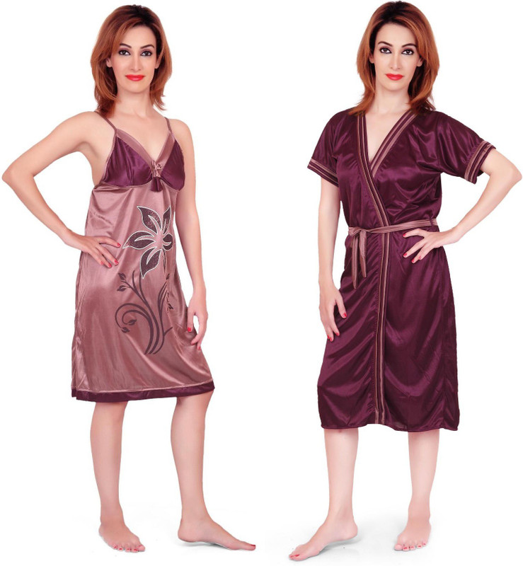 Fabme Women Nighty with Robe(Maroon)