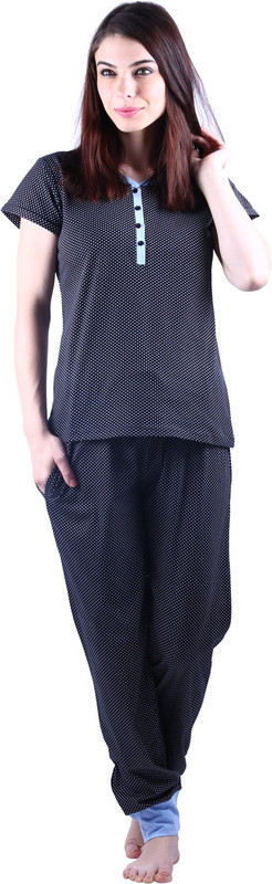 Vixenwrap Women Polka Print Black Top & Pyjama Set