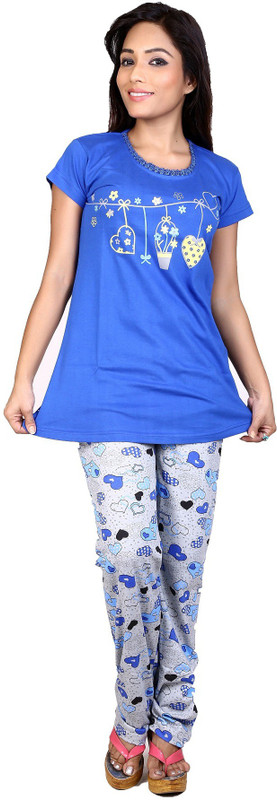Ruok Women Printed Blue Top & Pyjama Set