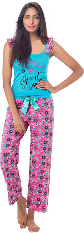 PrettySecrets Women Printed Blue, Pink Top & Pyjama Set