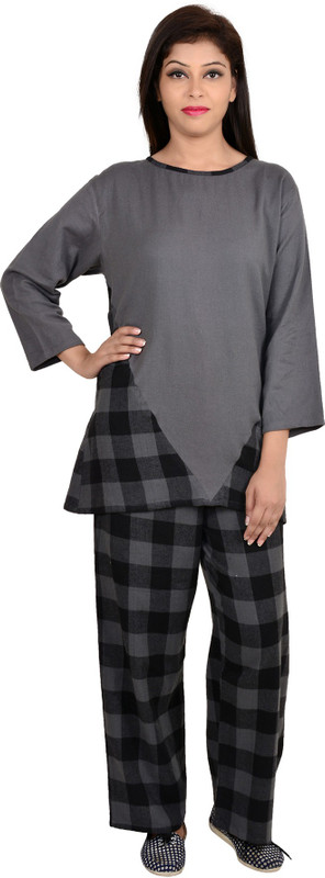 9teen Again Women Checkered Grey Top & Pyjama Set