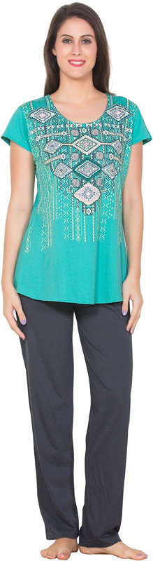 Brightline Women Printed Blue, Grey Top & Pyjama Set