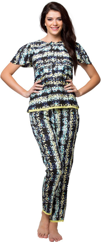 Clovia Women Printed Black Top & Pyjama Set