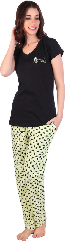 DE'MODA Women Printed Black, Yellow Top & Pyjama Set