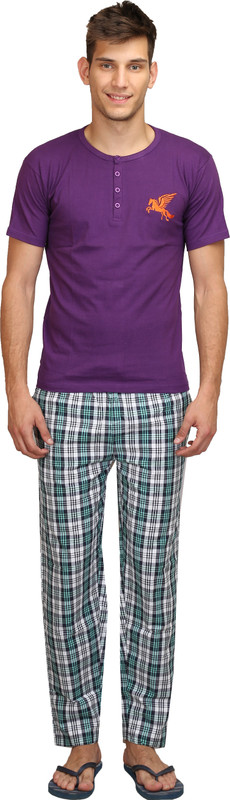 Right Shape Men Woven, Solid, Checkered Purple Top & Pyjama Set Right Shape Men Woven, Solid, Checkered Purple Top & Pyjama Set