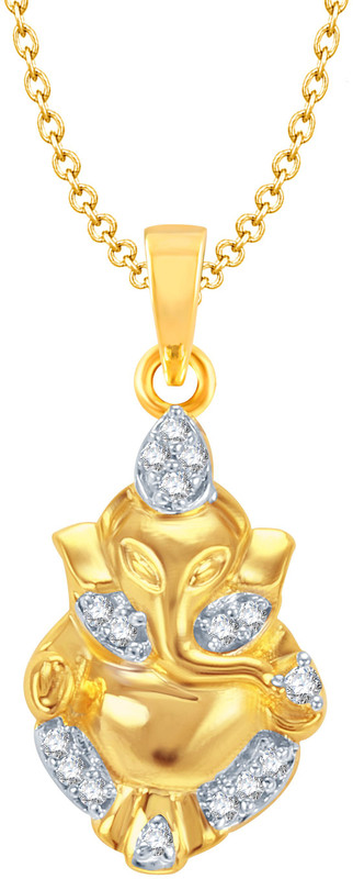 Meenaz Ganesha Of Yellow Gold God With Chain In American Diamond Cz Gifts Jewellery Set Gold-plated, Brass Cubic Zirconia, Diamond Alloy Pendant