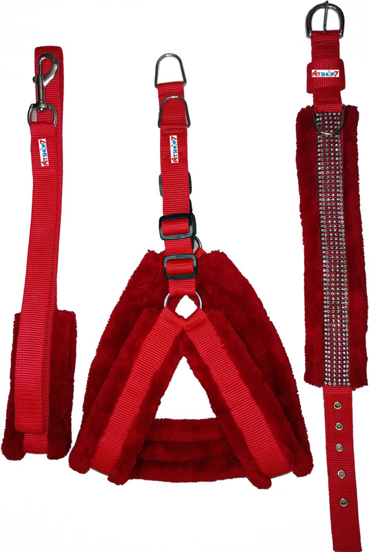 Petshop7 Nylon Red 1.25 inch Fur harness, Collar & Leash (Chest Size : 28-34 inch) Large Dog Harness & Leash(Large, Red)