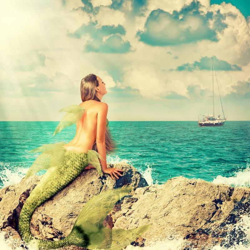 Athah Poster Mermaid With Fish Tail Sitting On Rocks Print Paper Print(12 inch X 12 inch, Rolled)