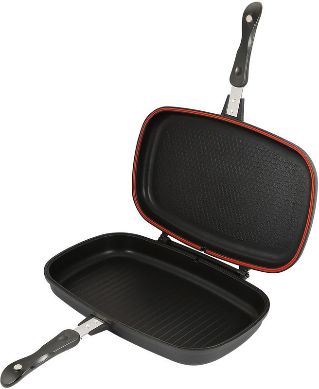 Wonder World ® Dessini Aluminum Two-Sided Double Grill Non-stick Pressure  Pan, Black Grill Pan 32 cm diameter with Lid(Aluminium, Non-stick, Induction
