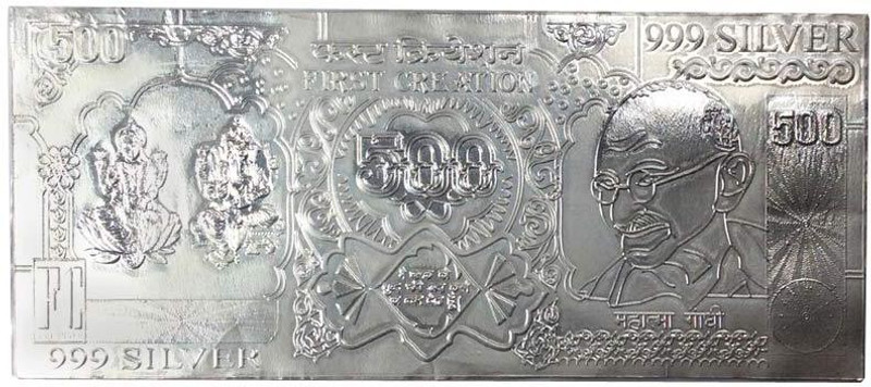 Kataria Jewellers Lakshmi Ganesha & Gandhi 500 Note White Gold Currency