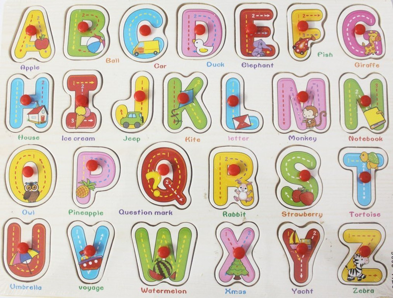 Little Grin English Captial Alphabets and Words Wooden Puzzle With Pegs(26 Pieces)