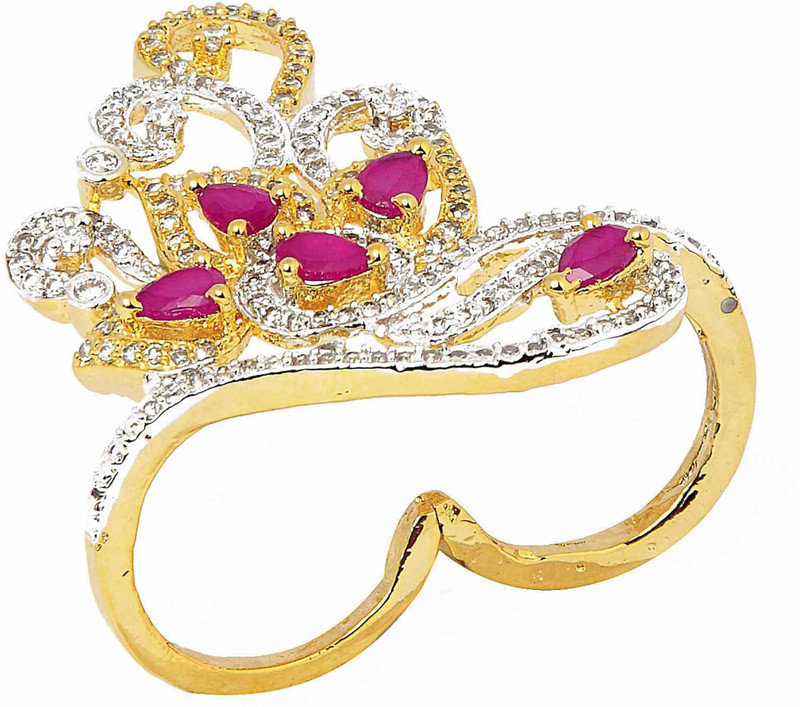 Handluv Alloy Cubic Zirconia Rhodium, Gold Plated Chain Ring - Multi Finger