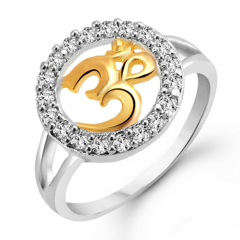 Vighnaharta White Auspicious Om Alloy Cubic Zirconia Gold Plated Ring