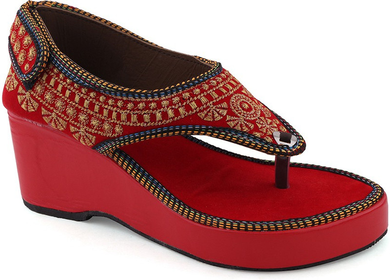Paduki Women Red, Gold Wedges