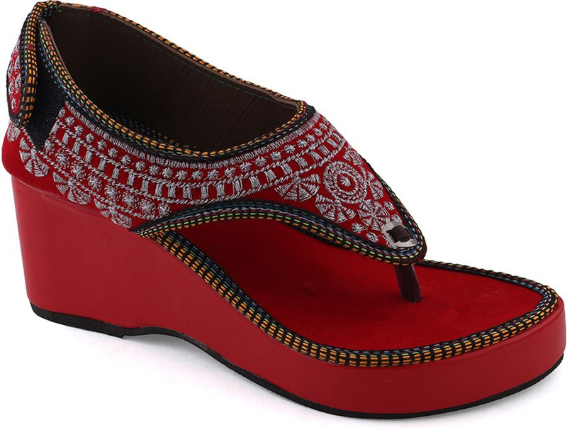 Paduki Women Red, Silver Wedges