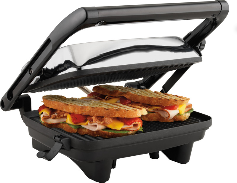 Hamilton Beach Chrome Panini Press 25460 with 2 Skewers Grill, Toast