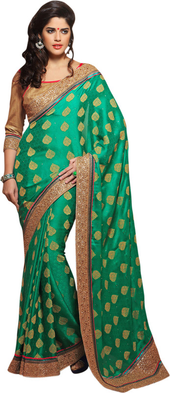 Khushali Self Design, Embroidered, Embellished Fashion Cotton Blend, Poly Georgette Saree(Green, Beige)