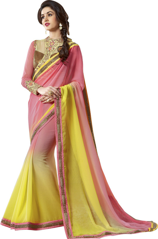 Jiya Self Design, Embellished Fashion Chiffon Saree(Pink, Yellow)