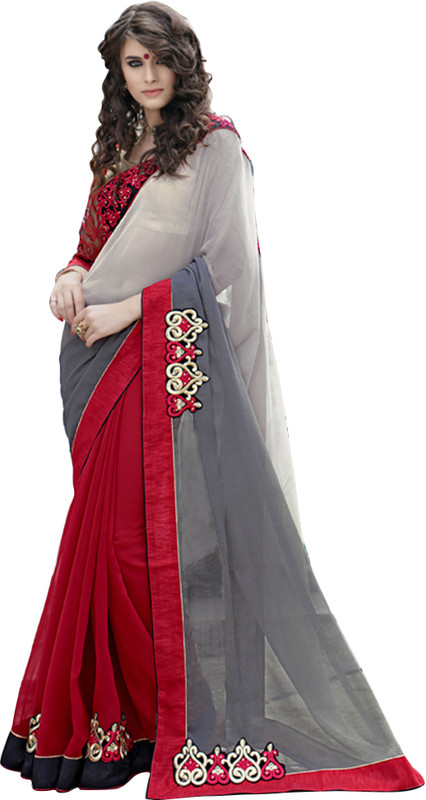 Jiya Self Design, Embroidered, Embellished Fashion Poly Georgette Saree(Red, Beige, Grey)