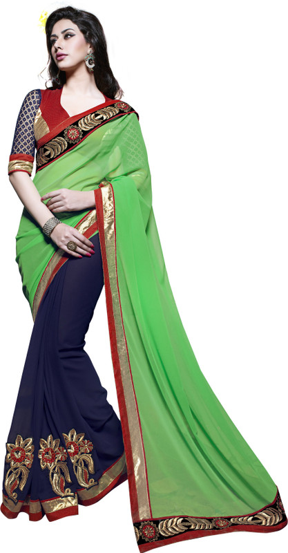 Khoobee Embroidered Fashion Poly Georgette Saree(Dark Blue)