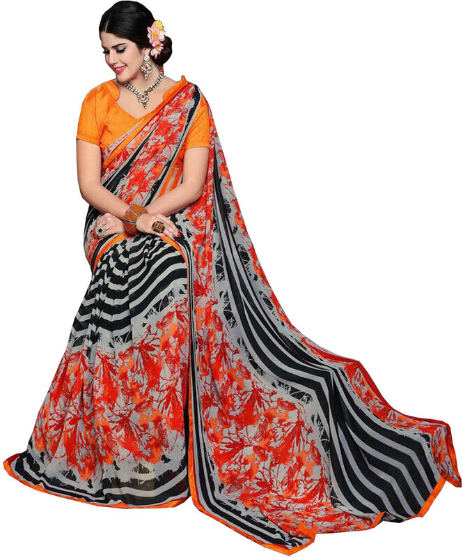 Mathura Digital Print Fashion Chiffon Saree(Black, Orange)