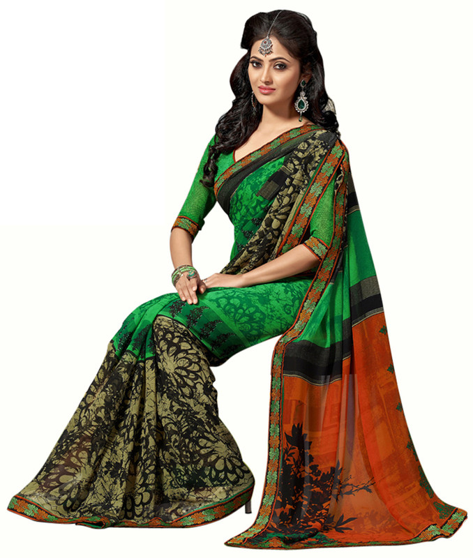 Jiya Self Design, Printed Fashion Poly Georgette Saree(Multicolor, Green, Orange)
