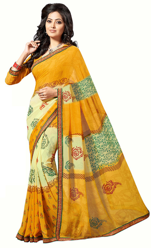 Jiya Self Design, Printed Fashion Poly Georgette Saree(Multicolor, Yellow)