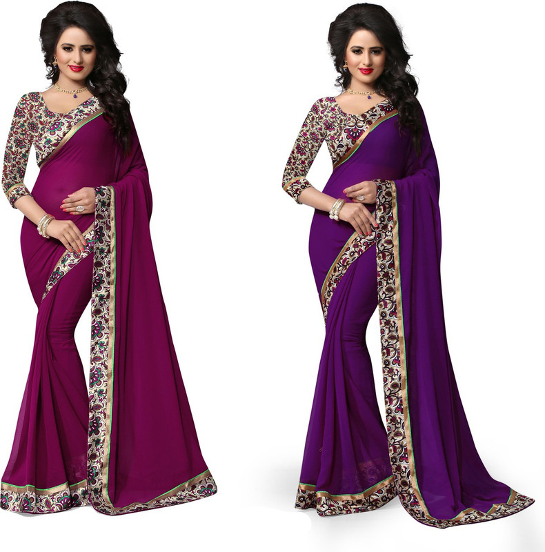 Indianbeauty Printed, Solid Bollywood Chiffon Saree(Pack of 2, Purple, Blue)