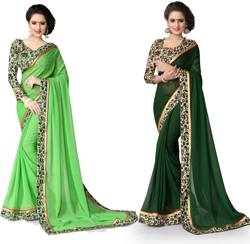 Indianbeauty Printed Fashion Chiffon Saree(Pack of 2, Dark Green, Light Green)