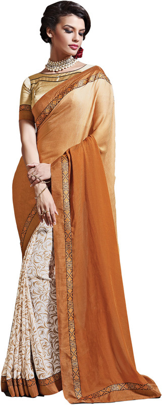 Parisha Printed Fashion Cotton Blend Saree(White, Orange)
