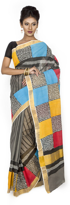weavers crafts Geometric Print Fashion Cotton Blend Saree(Grey)