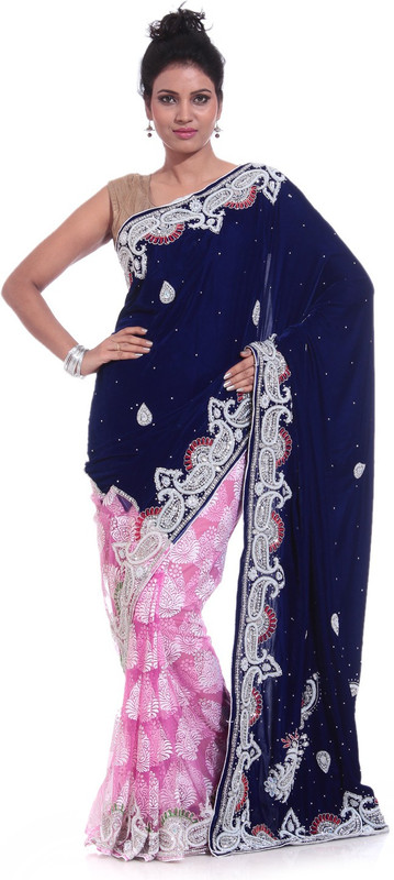 Adaab Embroidered Fashion Velvet Saree(Blue)