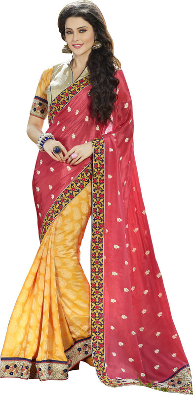 Jiya Self Design, Embroidered, Embellished Fashion Cotton Blend, Poly Georgette, Poly Silk Saree(Blue, Pink, Yellow)