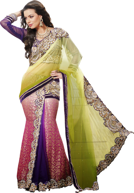 Jiya Self Design, Embroidered, Embellished Fashion Cotton Blend Saree(Multicolor, Purple, Light Green)