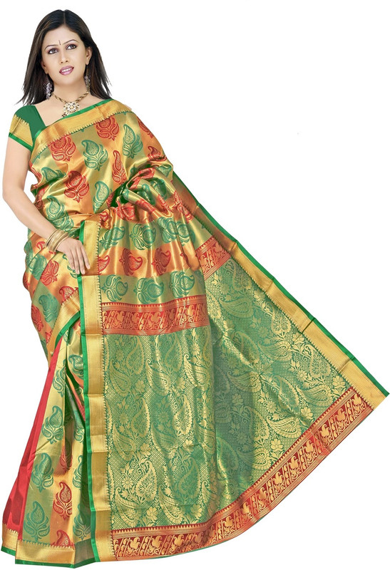 JagannathSaree Woven Fashion Poly Silk Saree(Green, Mustard)