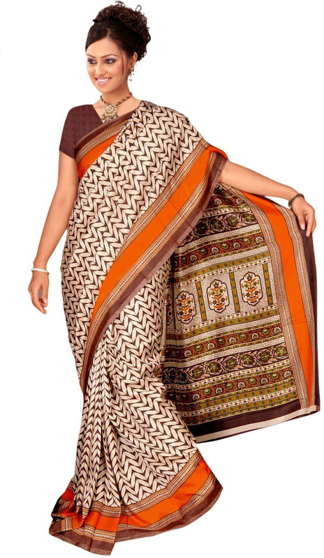 Jiya Printed Fashion Poly Silk Saree(Orange, Beige)