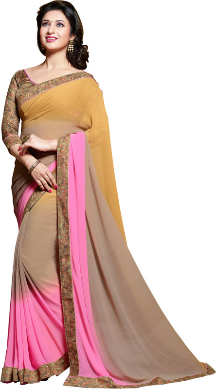 Khoobee Self Design Fashion Poly Georgette Saree(Multicolor, Brown, Pink, Yellow)